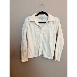 LOFT Women's Petite  Button Down Puckered Knit Long Sleeve Blouse Cream XS